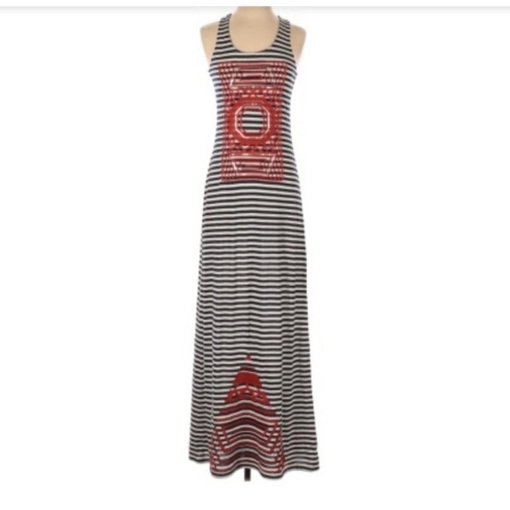 THML Navy & White Striped Maxi Dress Embroidered Sequin Detail Size M